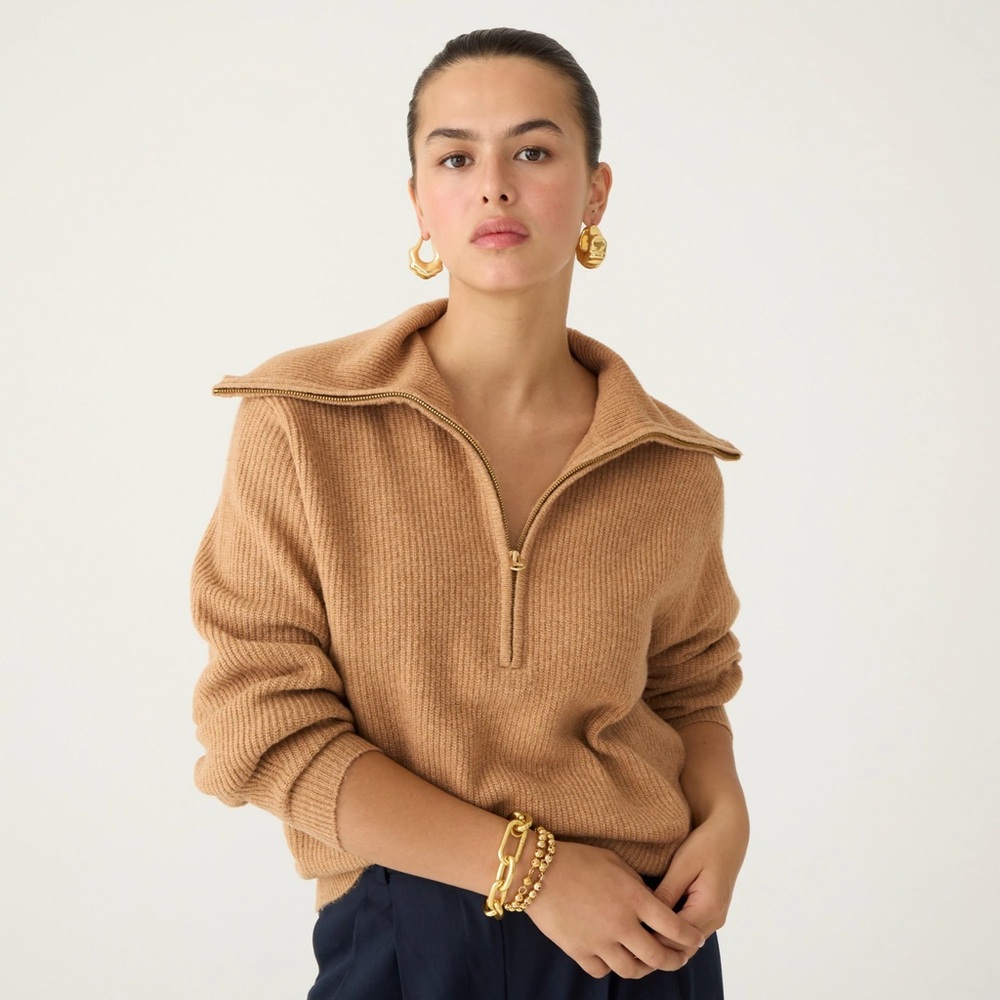 J CREW WOOL ALPACA HALF ZIP OVERSIZED RELAX FIT SWEATER CAMEL SZ MED